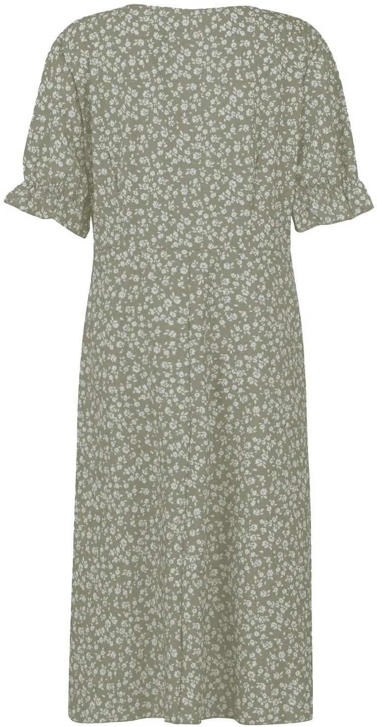 Summer Dresses for Women 2025 V Neck Wrap Midi Dress Puff Sleeve Side Button Up Ditsy Floral Dress