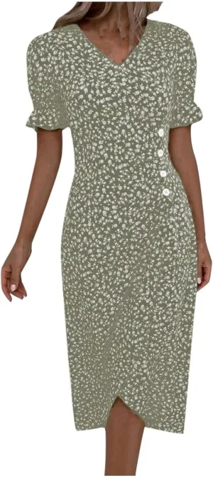 Summer Dresses for Women 2025 V Neck Wrap Midi Dress Puff Sleeve Side Button Up Ditsy Floral Dress