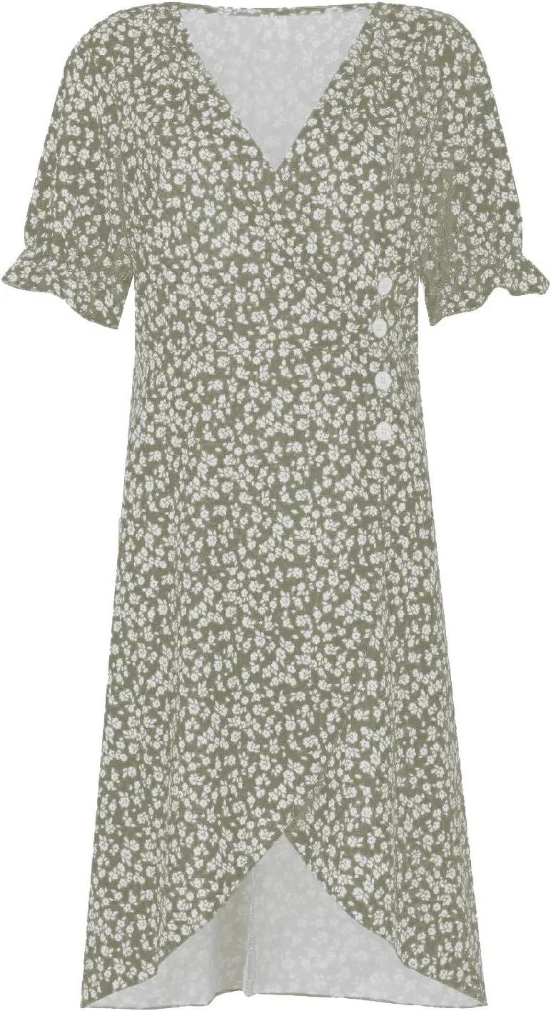 Summer Dresses for Women 2025 V Neck Wrap Midi Dress Puff Sleeve Side Button Up Ditsy Floral Dress
