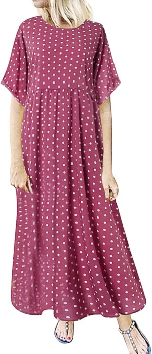Summer Dresses for Women 2025 Women's Casual Loose Polka Dots Print Dresses Tiered Short Sleeve Beach Vacation Dress