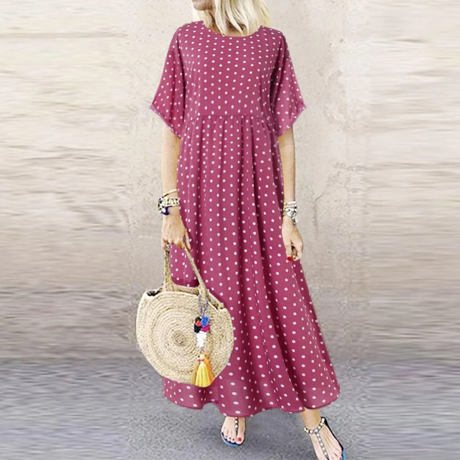 Summer Dresses for Women 2025 Women's Casual Loose Polka Dots Print Dresses Tiered Short Sleeve Beach Vacation Dress