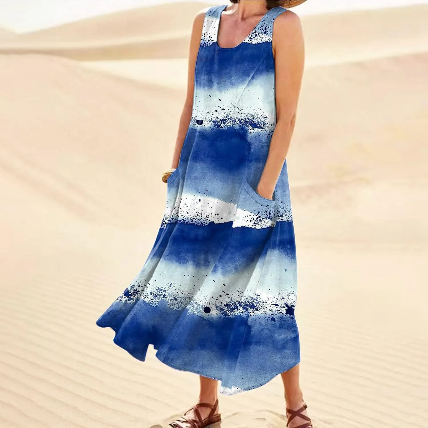 Summer Dresses for Women 2025 Women's Casual Print Boho Maxi Dress Crew Neck Sleeveless Gradient Beach Dress
