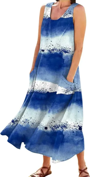 Summer Dresses for Women 2025 Women's Casual Print Boho Maxi Dress Crew Neck Sleeveless Gradient Beach Dress
