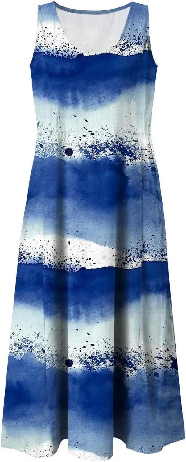 Summer Dresses for Women 2025 Women's Casual Print Boho Maxi Dress Crew Neck Sleeveless Gradient Beach Dress