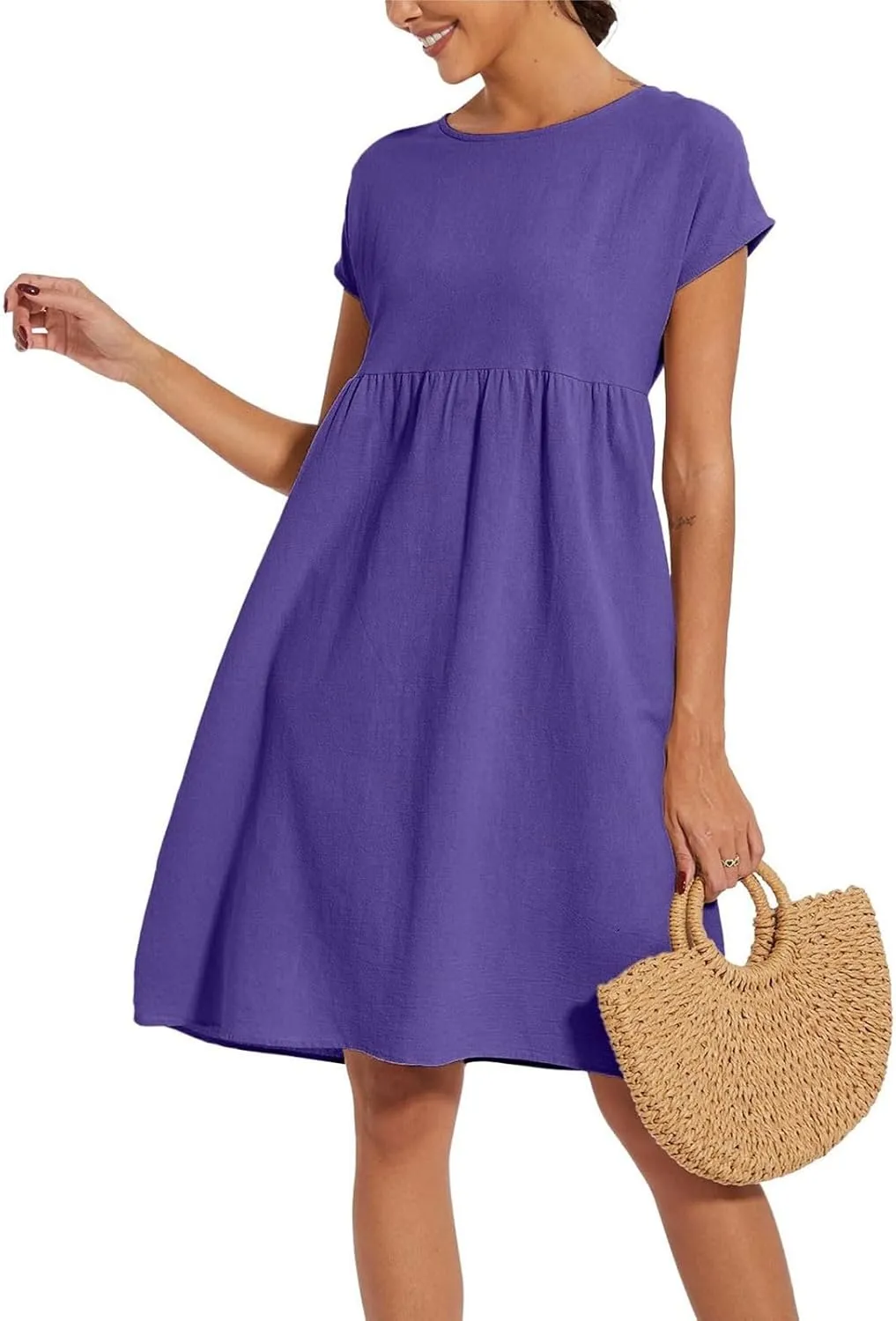 Summer Dresses for Women 2025 Women's Round Neck Cotton Linen Short Sleeves Dress Beach Vacation Comfortable Dress