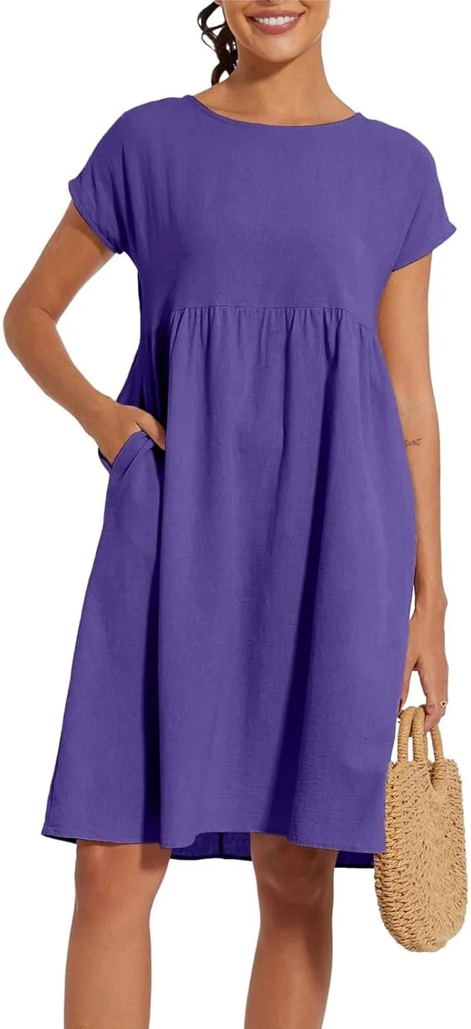 Summer Dresses for Women 2025 Women's Round Neck Cotton Linen Short Sleeves Dress Beach Vacation Comfortable Dress