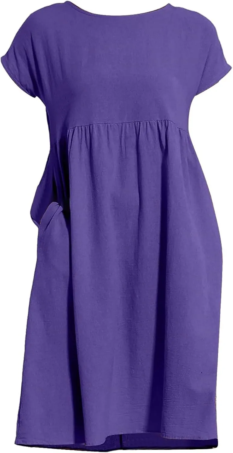 Summer Dresses for Women 2025 Women's Round Neck Cotton Linen Short Sleeves Dress Beach Vacation Comfortable Dress