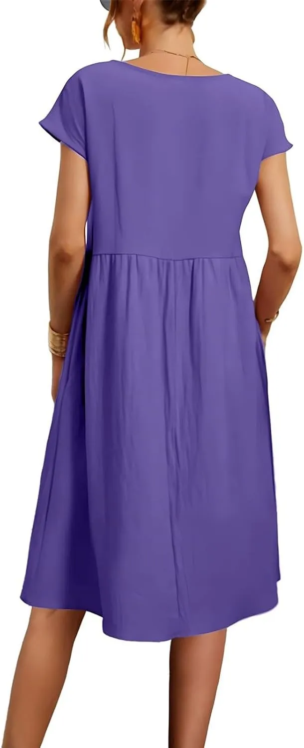 Summer Dresses for Women 2025 Women's Round Neck Cotton Linen Short Sleeves Dress Beach Vacation Comfortable Dress