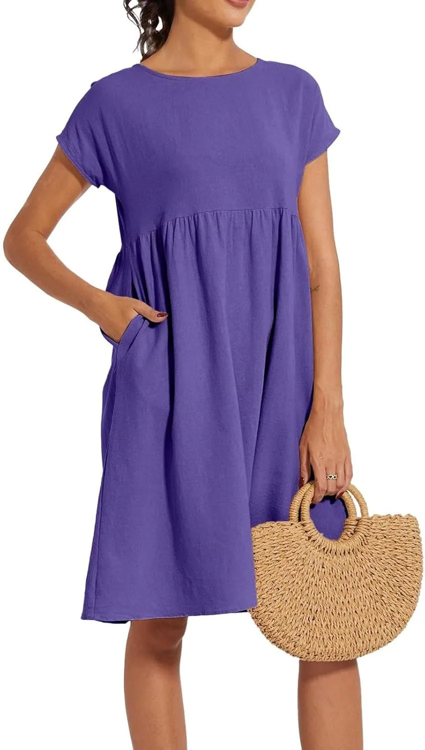 Summer Dresses for Women 2025 Women's Round Neck Cotton Linen Short Sleeves Dress Beach Vacation Comfortable Dress