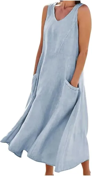 Summer Dresses for Women 2025 Women's V-Neck Plain Simple Dress Sleeveless Maxi Dresses Boho Beach Long Dress