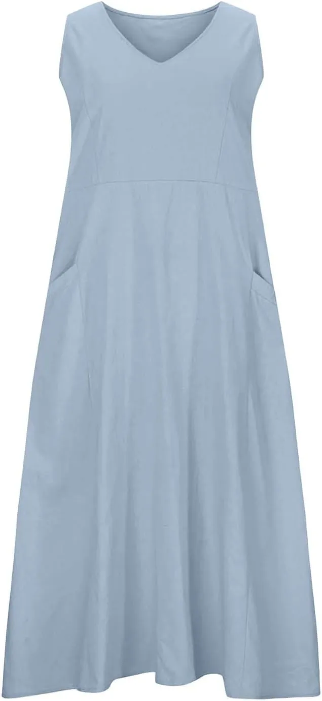 Summer Dresses for Women 2025 Women's V-Neck Plain Simple Dress Sleeveless Maxi Dresses Boho Beach Long Dress