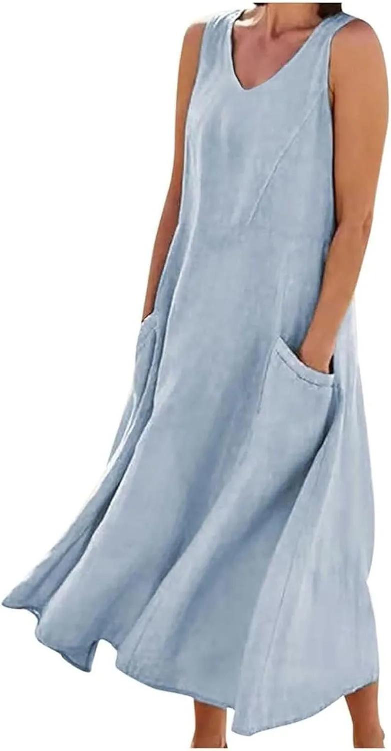 Summer Dresses for Women 2025 Women's V-Neck Plain Simple Dress Sleeveless Maxi Dresses Boho Beach Long Dress