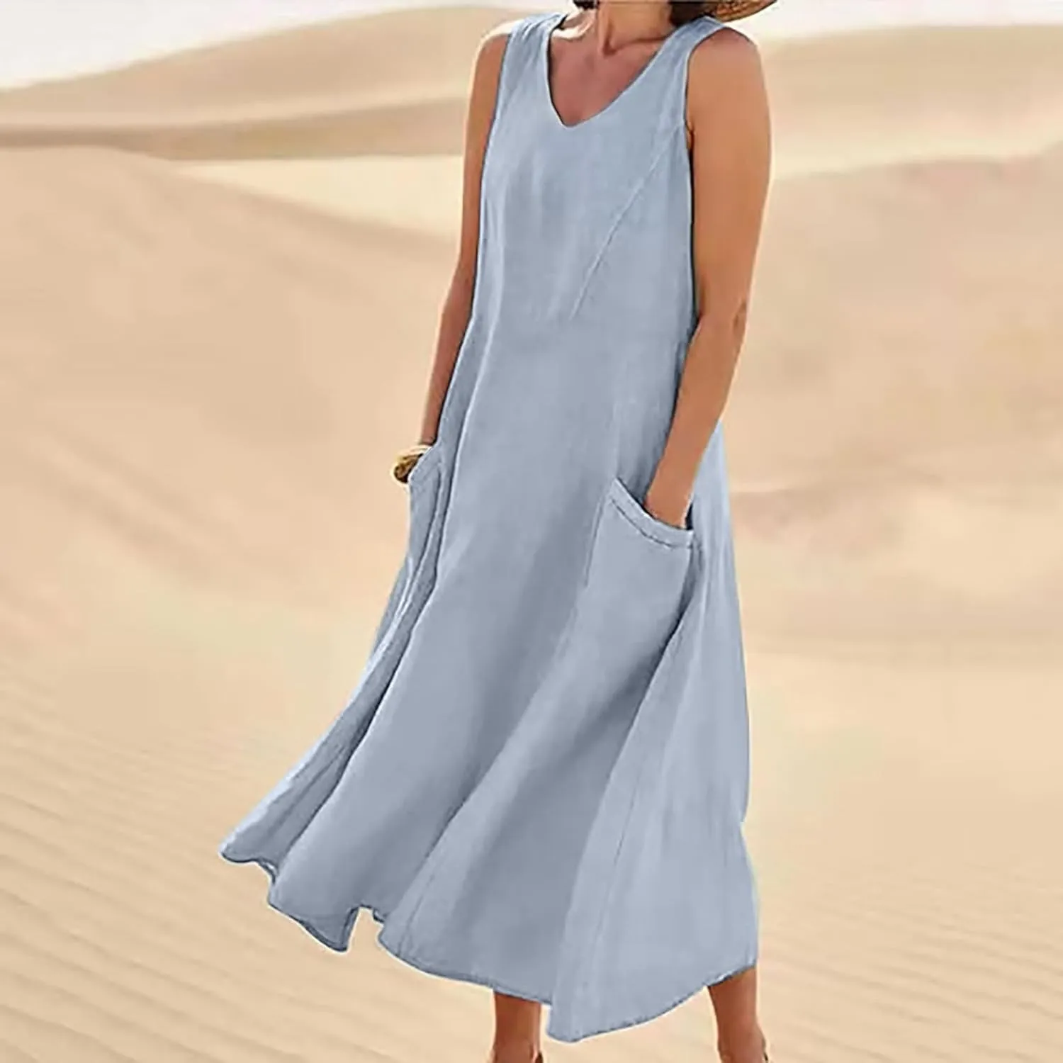 Summer Dresses for Women 2025 Women's V-Neck Plain Simple Dress Sleeveless Maxi Dresses Boho Beach Long Dress