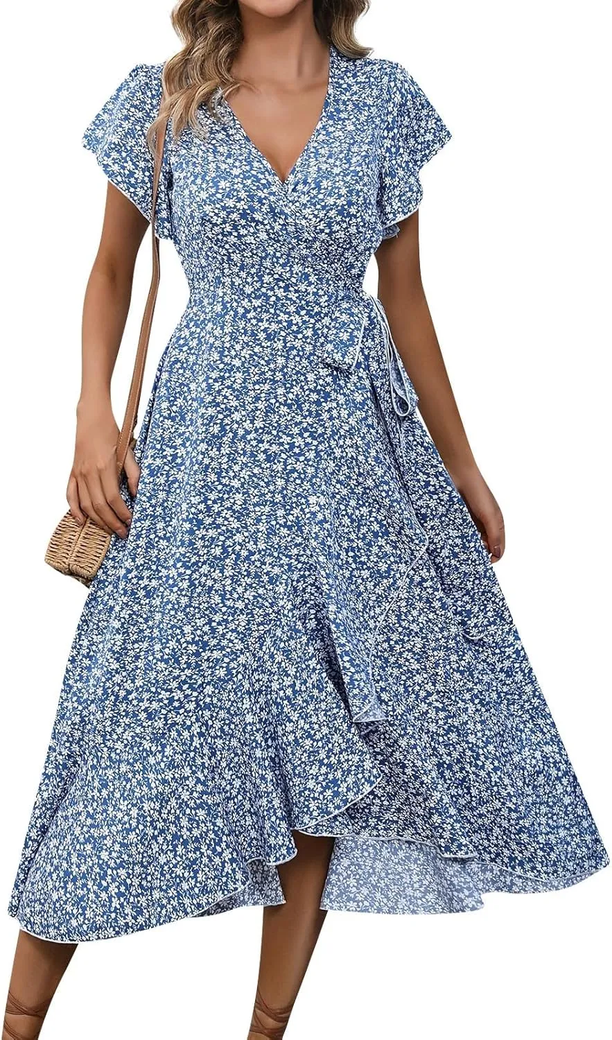Summer Dresses for Women 2025,Womens Wrap V Neck Casual Dresses Floral Short Sleeve A-Line Ruffle Midi Sundress