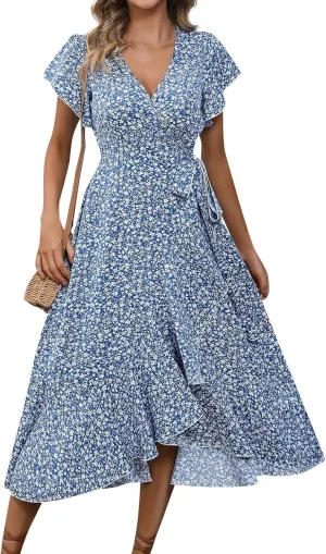 Summer Dresses for Women 2025,Womens Wrap V Neck Casual Dresses Floral Short Sleeve A-Line Ruffle Midi Sundress