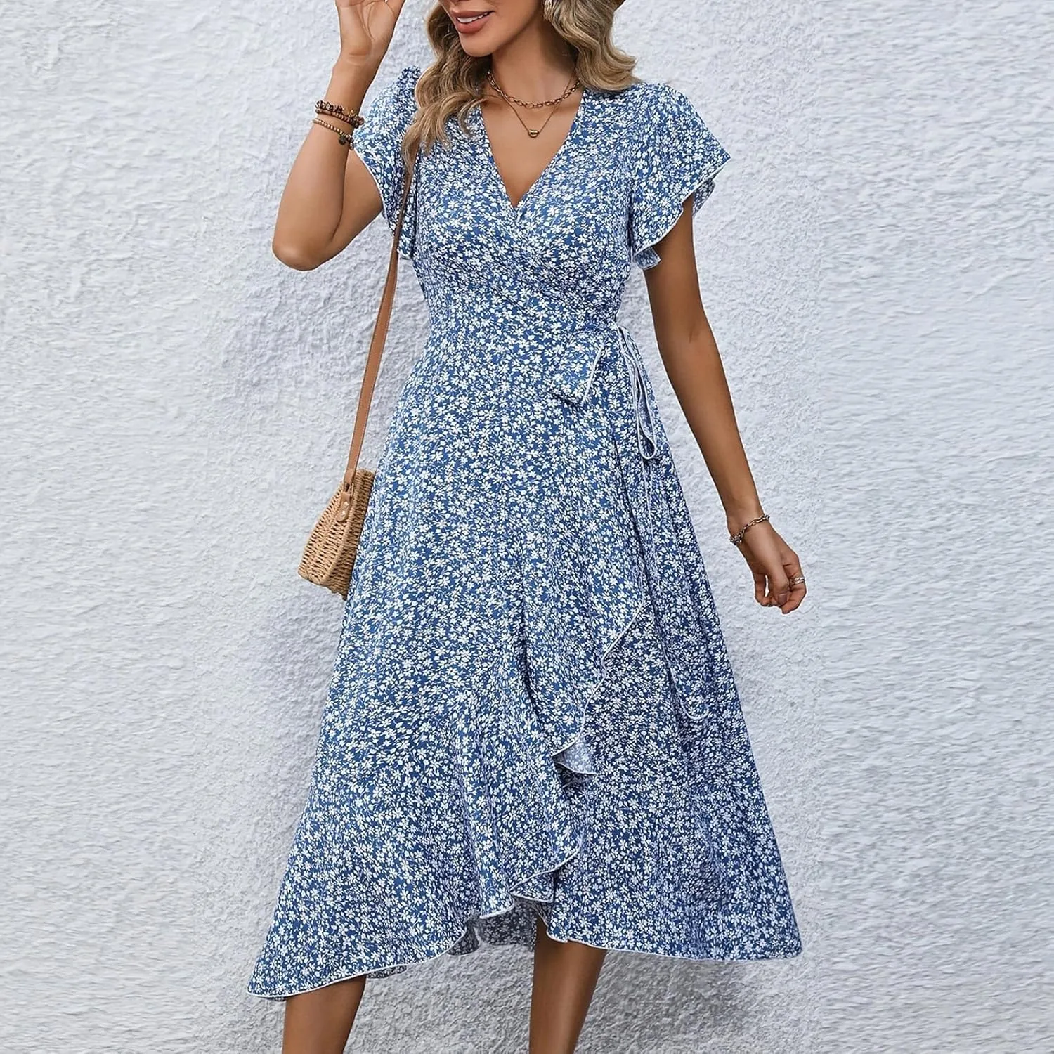 Summer Dresses for Women 2025,Womens Wrap V Neck Casual Dresses Floral Short Sleeve A-Line Ruffle Midi Sundress