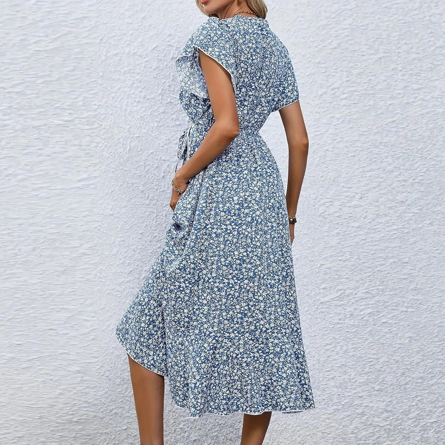 Summer Dresses for Women 2025,Womens Wrap V Neck Casual Dresses Floral Short Sleeve A-Line Ruffle Midi Sundress