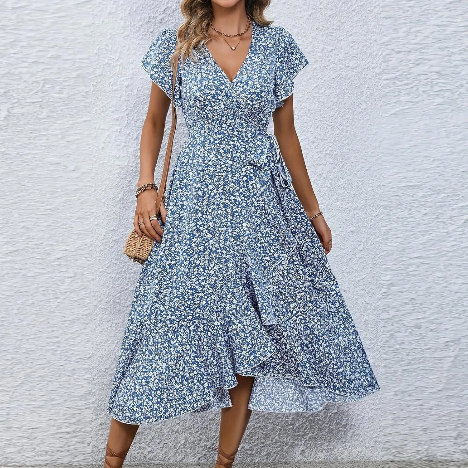 Summer Dresses for Women 2025,Womens Wrap V Neck Casual Dresses Floral Short Sleeve A-Line Ruffle Midi Sundress