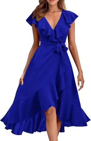 Summer Dresses for Women 2025,Wrap Midi Plain Simple Dress Boho Deep V Neck Short Sleeve Ruffle Hem Split Beach Dresses