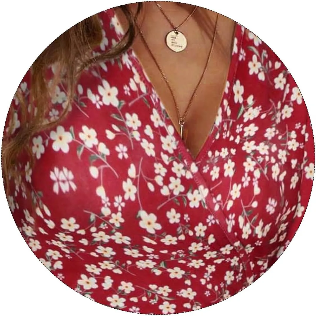 Summer Dresses for Women Floral Short Sleeve Wrap V Neck A-Line Midi Dress Boho Sundress Vacation Beach Outfits
