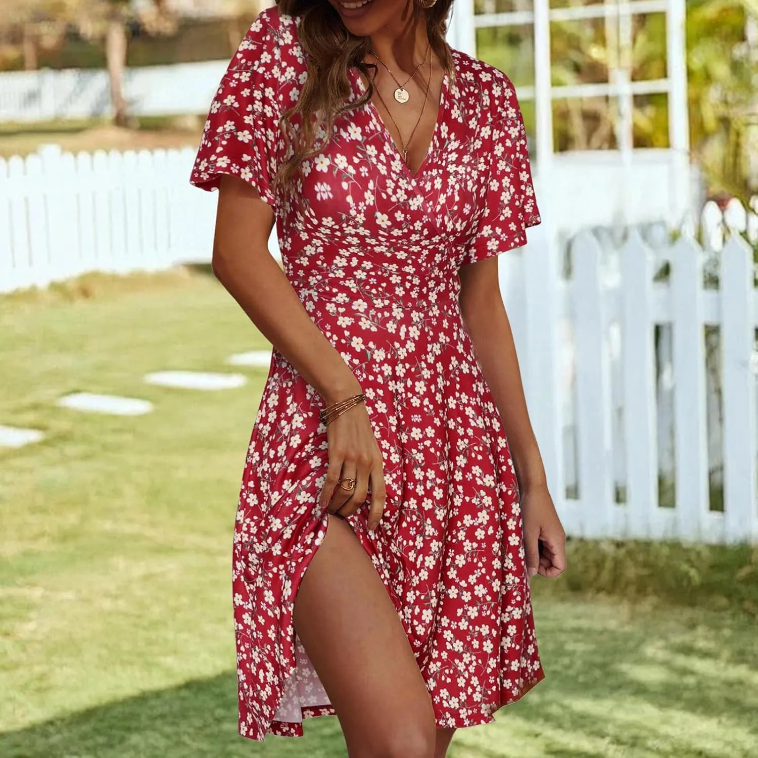 Summer Dresses for Women Floral Short Sleeve Wrap V Neck A-Line Midi Dress Boho Sundress Vacation Beach Outfits