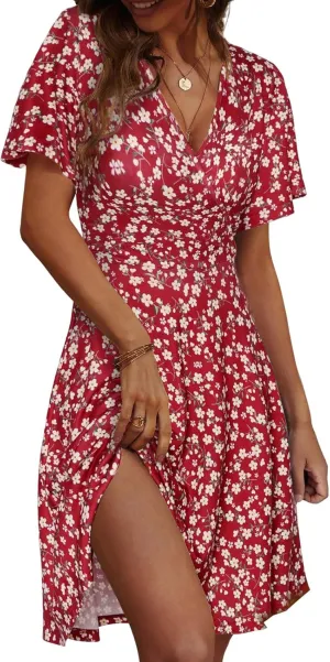 Summer Dresses for Women Floral Short Sleeve Wrap V Neck A-Line Midi Dress Boho Sundress Vacation Beach Outfits