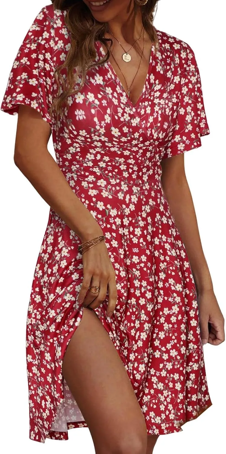 Summer Dresses for Women Floral Short Sleeve Wrap V Neck A-Line Midi Dress Boho Sundress Vacation Beach Outfits