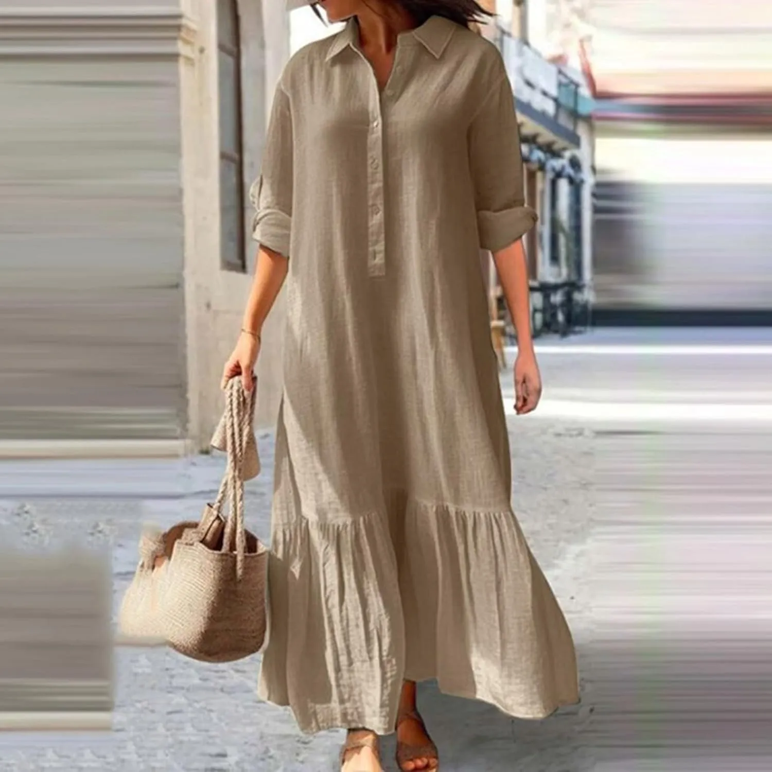 Summer Hawaiian Dresses for Women Button Up V Neck Long Sleeve Tiered Ruffle Hem Maxi Dress Sundresses for Women Over 50