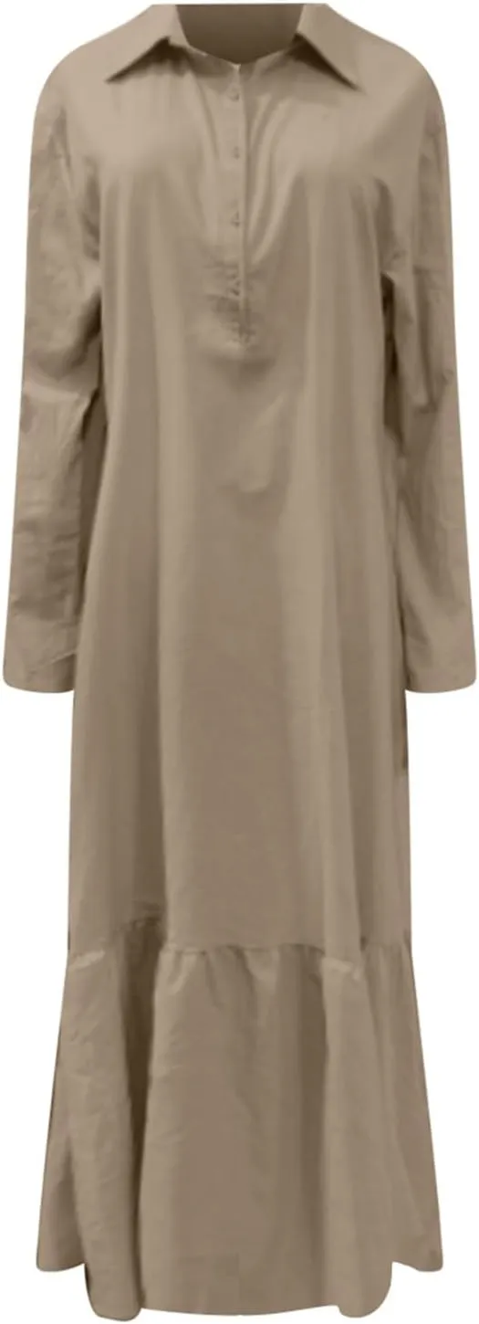 Summer Hawaiian Dresses for Women Button Up V Neck Long Sleeve Tiered Ruffle Hem Maxi Dress Sundresses for Women Over 50
