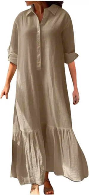 Summer Hawaiian Dresses for Women Button Up V Neck Long Sleeve Tiered Ruffle Hem Maxi Dress Sundresses for Women Over 50