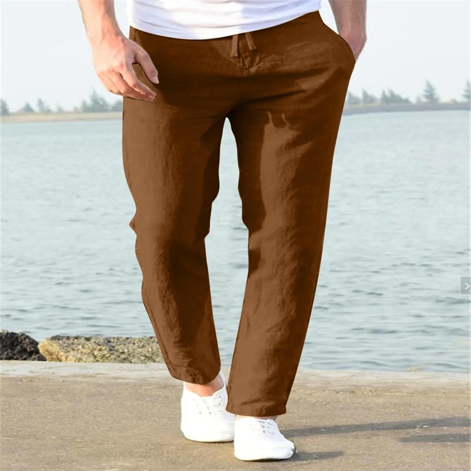 Summer Linen Pants for Men Solid Color Elastic Waist Trouser Casual Drawstring Baggy Pant Outdoor Daily Thin Trousers