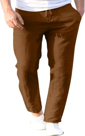 Summer Linen Pants for Men Solid Color Elastic Waist Trouser Casual Drawstring Baggy Pant Outdoor Daily Thin Trousers
