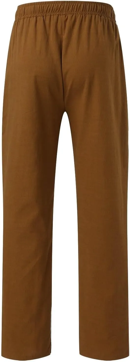 Summer Linen Pants for Men Solid Color Elastic Waist Trouser Casual Drawstring Baggy Pant Outdoor Daily Thin Trousers