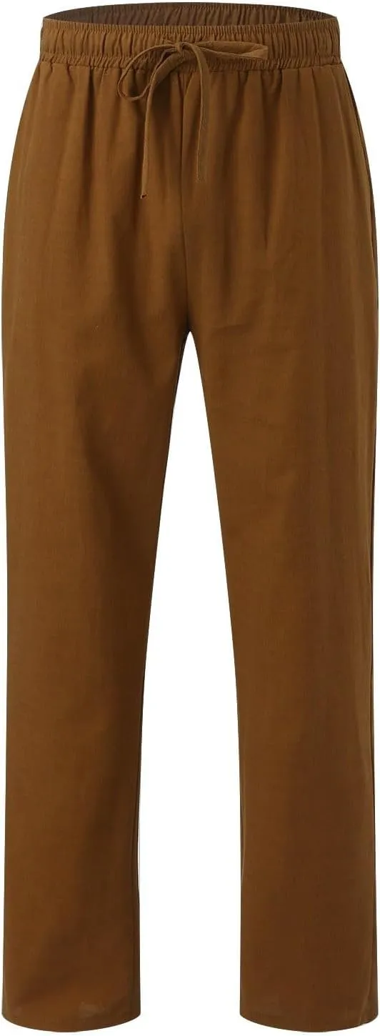 Summer Linen Pants for Men Solid Color Elastic Waist Trouser Casual Drawstring Baggy Pant Outdoor Daily Thin Trousers