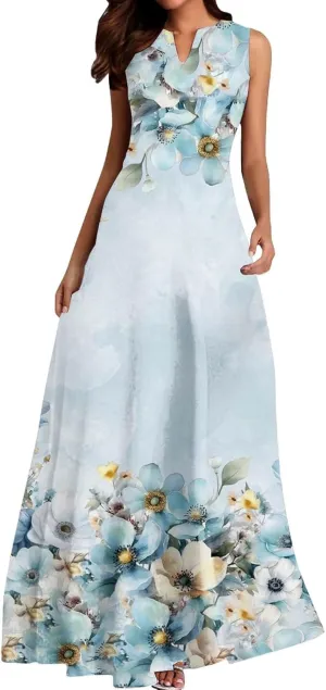 Summer Maxi Dress for Women 2025 Casual V Neck Floral Print Sundress Sleeveless Vacation Beach Flowy Dresses