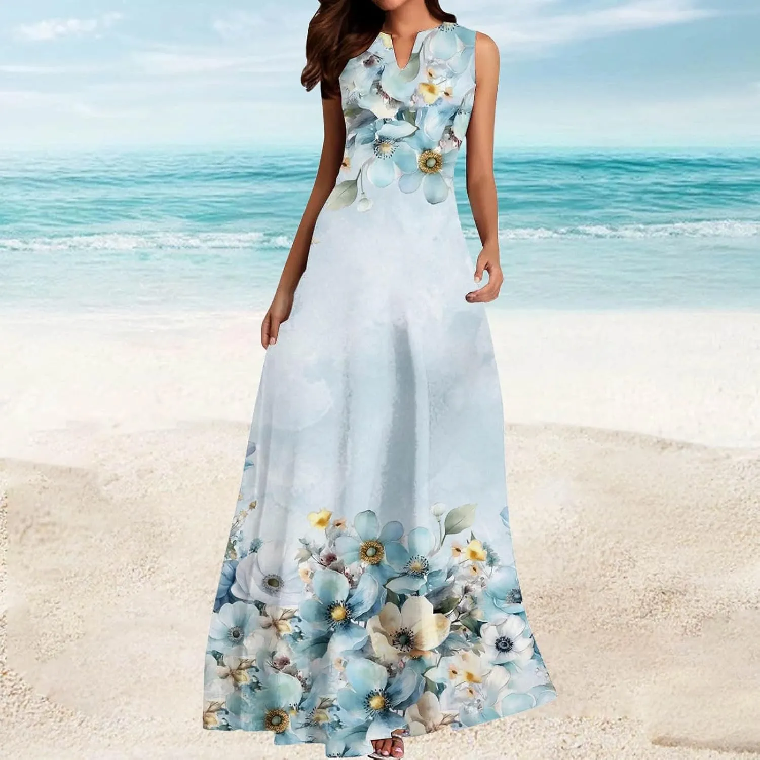 Summer Maxi Dress for Women 2025 Casual V Neck Floral Print Sundress Sleeveless Vacation Beach Flowy Dresses