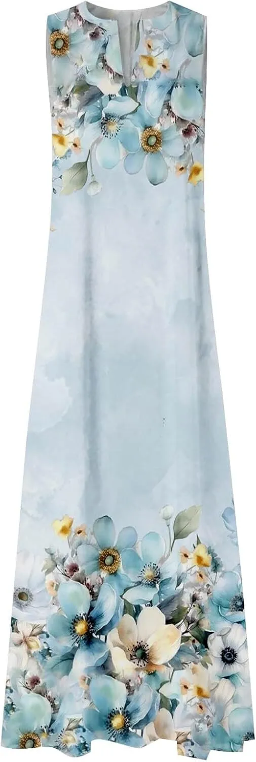 Summer Maxi Dress for Women 2025 Casual V Neck Floral Print Sundress Sleeveless Vacation Beach Flowy Dresses