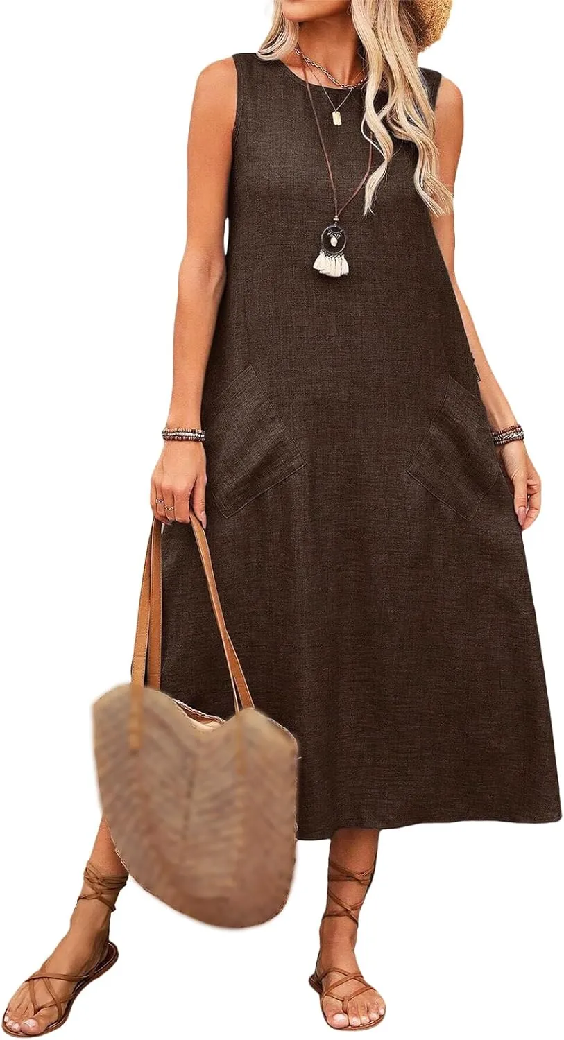Summer Maxi Dresses for Women 2025 Casual A Line Dress Loose Fashion Tank Tunic Beach Vacation Sundress with Pockets