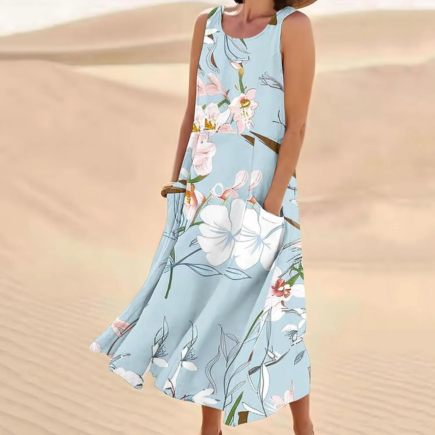 Summer Maxi Dresses for Women 2025 Casual Cotton Linen Floral Dress Spring Plus Size Elegante Beach Dress with Pockets