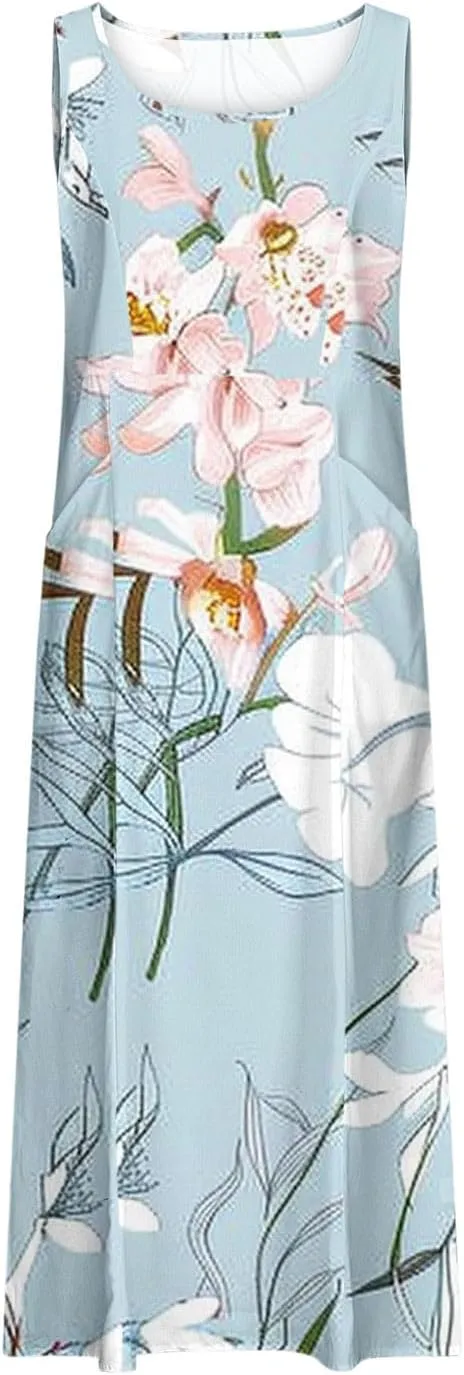 Summer Maxi Dresses for Women 2025 Casual Cotton Linen Floral Dress Spring Plus Size Elegante Beach Dress with Pockets