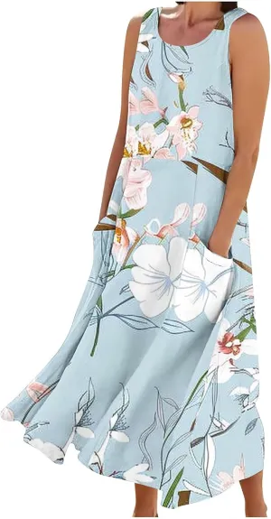 Summer Maxi Dresses for Women 2025 Casual Cotton Linen Floral Dress Spring Plus Size Elegante Beach Dress with Pockets