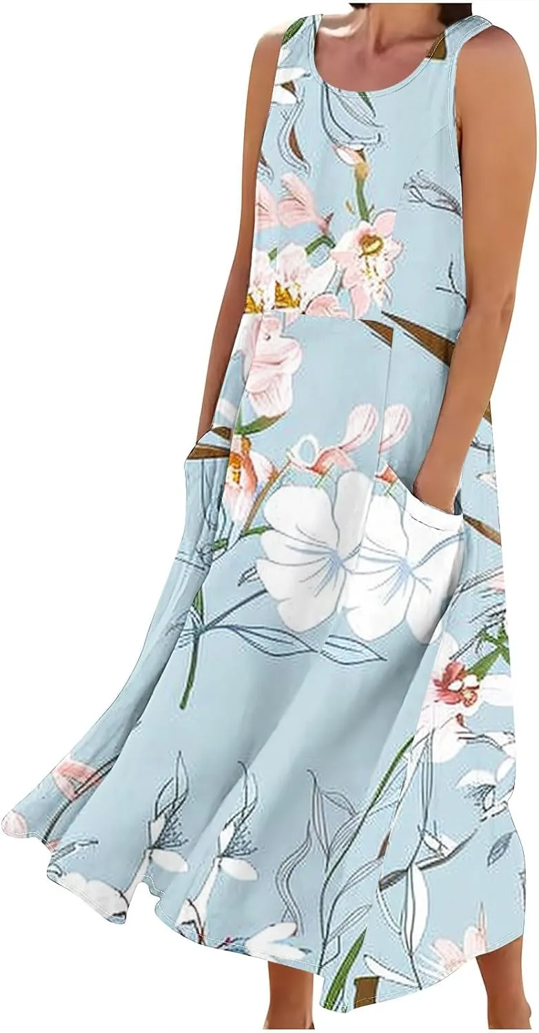 Summer Maxi Dresses for Women 2025 Casual Cotton Linen Floral Dress Spring Plus Size Elegante Beach Dress with Pockets