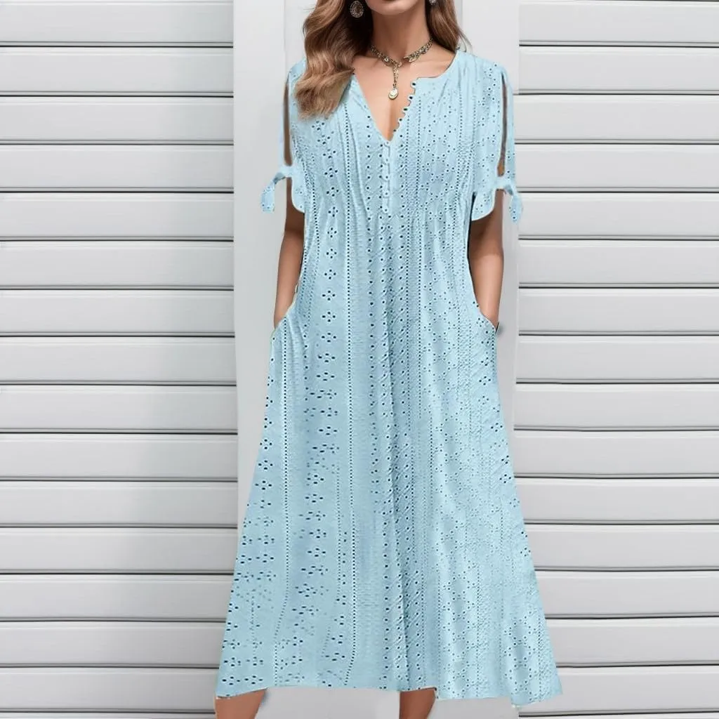Summer Maxi Dresses for Women 2025 Vacation Casual V Neck Eyelet Dress with Sleeves Pockets Wedding Guest Church Outfits
