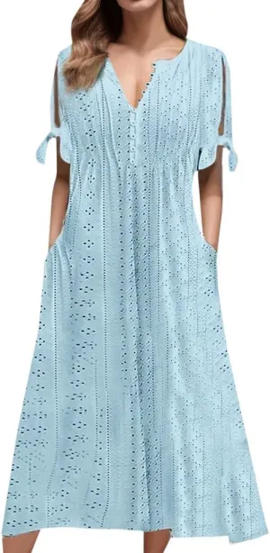 Summer Maxi Dresses for Women 2025 Vacation Casual V Neck Eyelet Dress with Sleeves Pockets Wedding Guest Church Outfits
