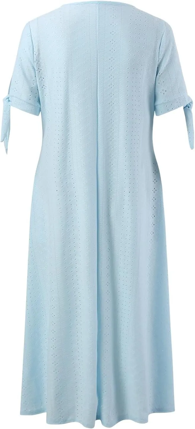 Summer Maxi Dresses for Women 2025 Vacation Casual V Neck Eyelet Dress with Sleeves Pockets Wedding Guest Church Outfits