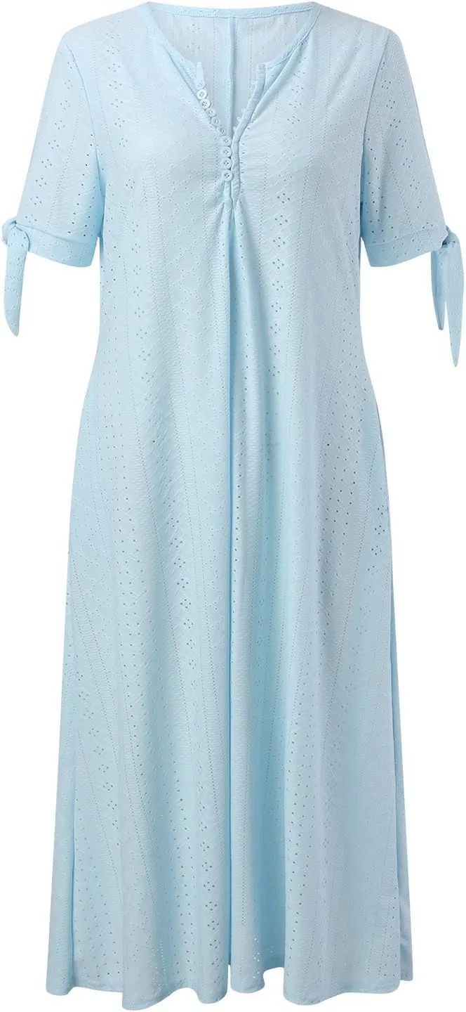 Summer Maxi Dresses for Women 2025 Vacation Casual V Neck Eyelet Dress with Sleeves Pockets Wedding Guest Church Outfits