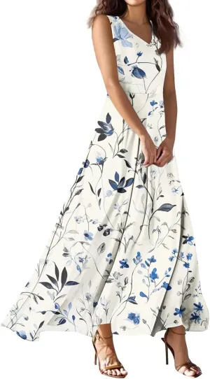 Summer Maxi Floral Dresses for Women 2025 Vacation Ruffle Flowy Swing Sleeveless V Neck Sundress A Line Dresses Frocks