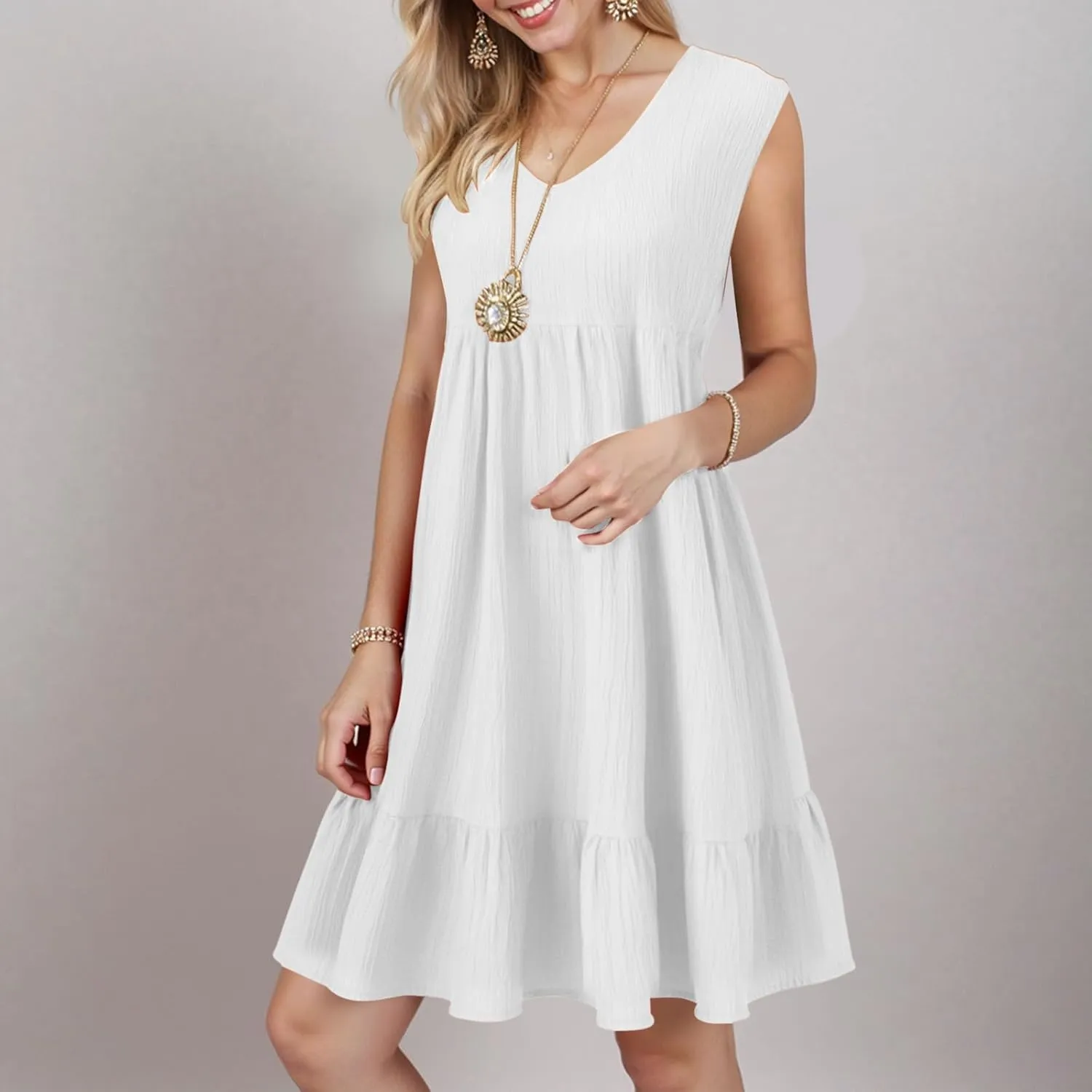 Summer Mini Dresses for Women 2025 Pleated Tie Waist Sleeveless Tank Dress Bohemian V Neck Beach Vacation Sundress