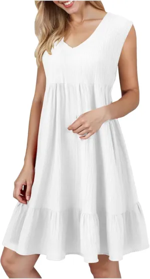 Summer Mini Dresses for Women 2025 Pleated Tie Waist Sleeveless Tank Dress Bohemian V Neck Beach Vacation Sundress