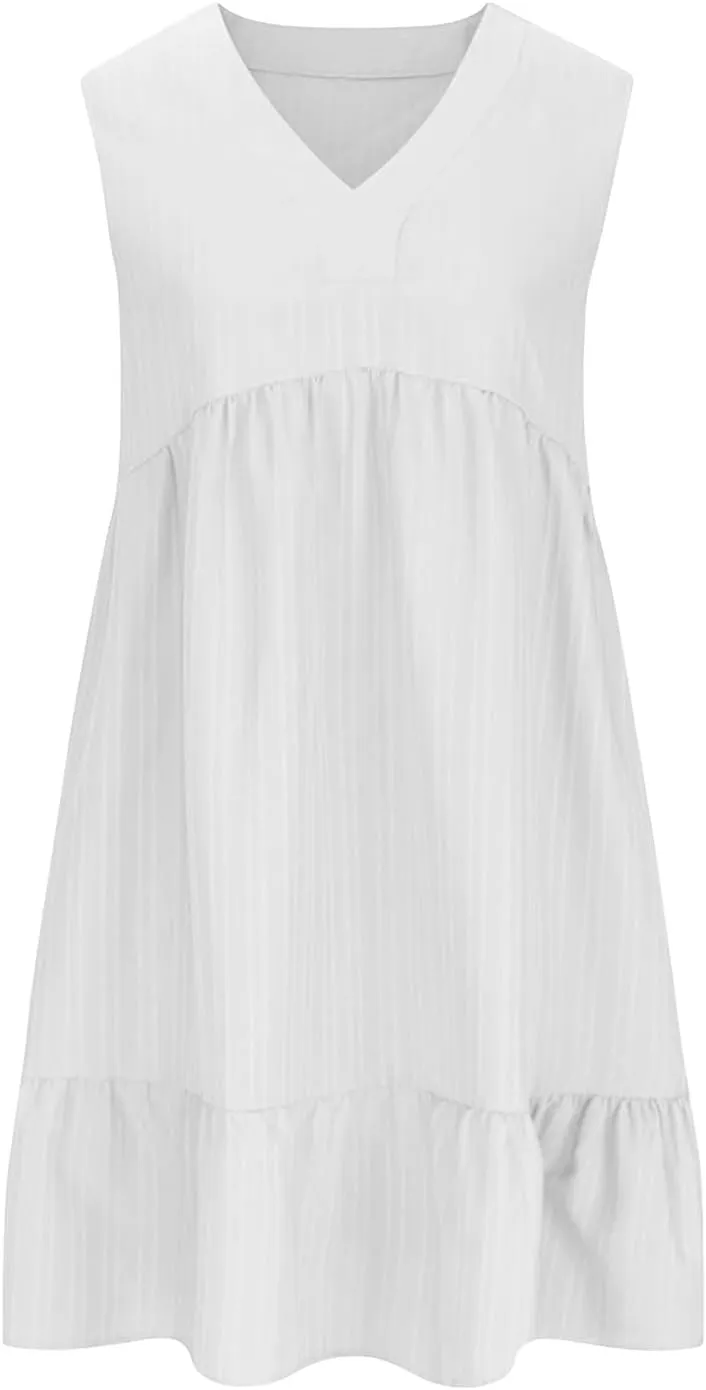 Summer Mini Dresses for Women 2025 Pleated Tie Waist Sleeveless Tank Dress Bohemian V Neck Beach Vacation Sundress